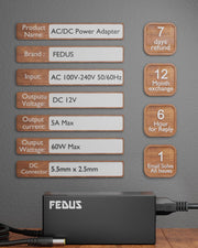 FEDUS 12 Volt 5 Amp (12V 5A) Ac Dc Adapter 12v 60 Watt DC Power Supply AC Adapter SMPS AC to DC Converter for Battery Charger Transformer, PC, LCD Monitor, TV, LED Strip, CCTV, DVR, NVR, DIY - FedusB2B