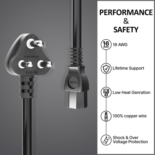 FEDUS 16A 250v Heavy Duty Copper Power Cord 16 Amp Indian Power Plug to IEC 13 Socket, 3 Pin Power Plug Cord - FedusB2B