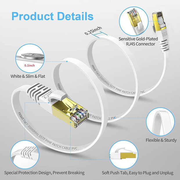 FEDUS Cat7 Ethernet Cable, Pure Copper Flat RJ45 LAN Cable Cable 10 Gigabit 600MHZ Patch Network Cable Internet Cable RJ45 Wire Cord to Computer for Gaming, Modem, Router, LAN ADSL - FEDUS