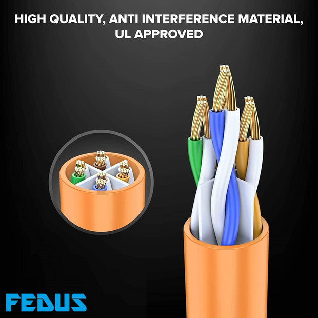 FEDUS Cat6 Ethernet Cable, High Speed 550Mhz 10 Gigabit Speed Utp Lan Cable, Network Cable Internet Cable Rj45 Cable Lan Wire, 6 Wires For Laptop, Pc, Television, Router, Modem-Orange Colour - FEDUS